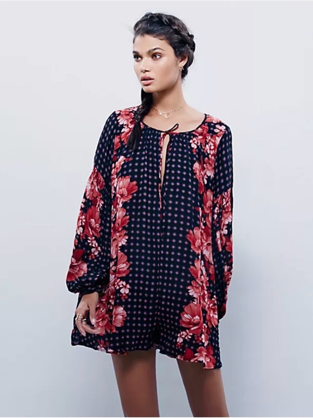 Free People Black Romper with Red and Blue Floral Print